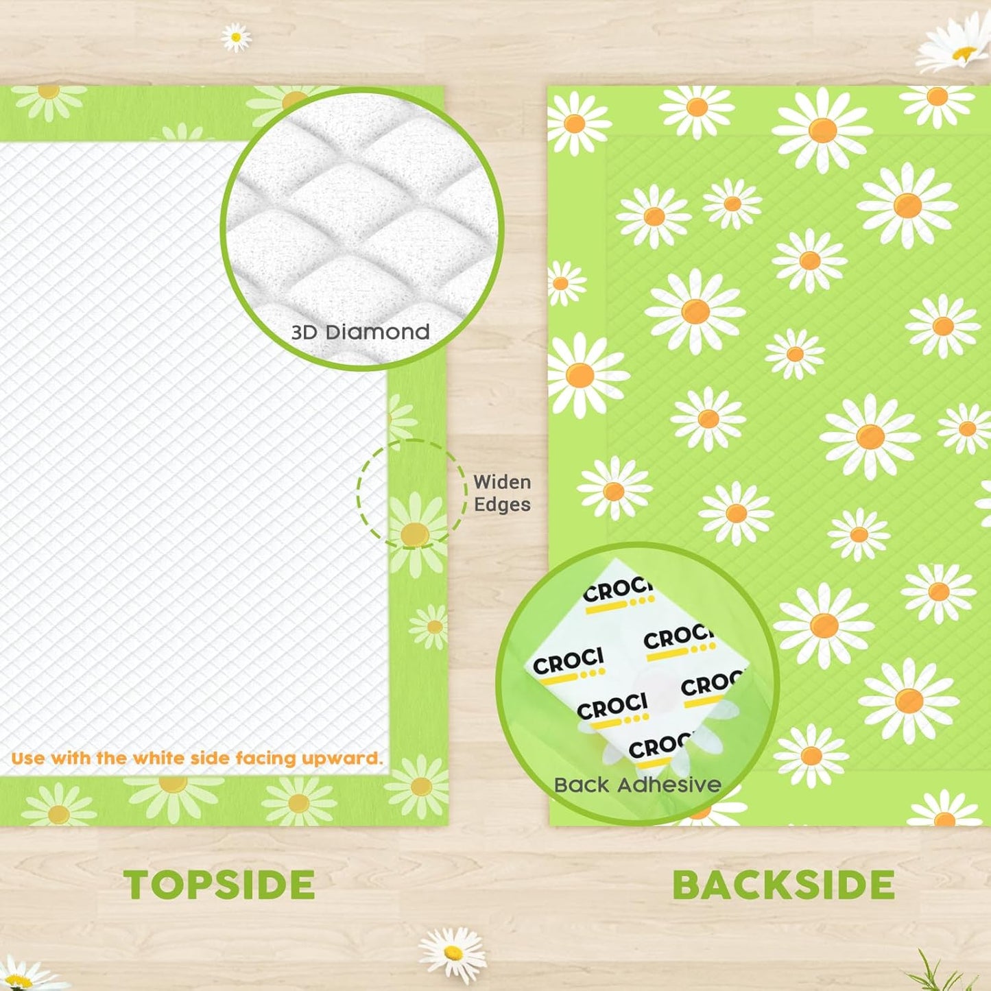 CROCI Pee Pads for Dogs 28x34in Daisy Pattern, Puppy Pads with Adhesive Tabs Super Absorbent Up to 8 Cups, Disposable (40 Counts)