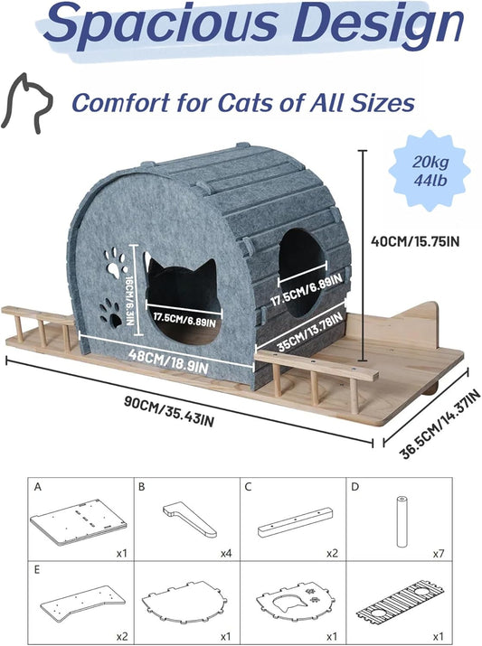 Wall Mounted Felt Cat Bed β Modern Cats Shelf with Wooden Base & 4 Holders, Space-Saving Cat Perch for Indoor Cats, Minimalist Wall Cat Furniture for Resting & Lounging,Gray