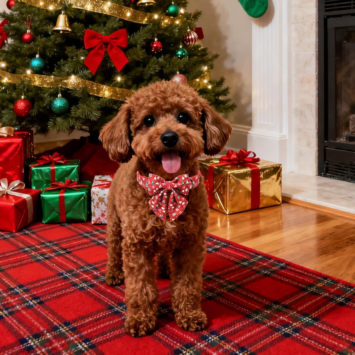 Lionet Paws Christmas Dog Collar with Sailor Bow, Cute Christmas Tree Red Dog Collar Bow Tie for Large Dogs, Neck 16-24 inches