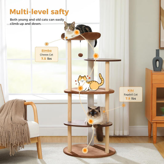 PETEPELA Wood Cat Tree Tower for Indoor Cats,5-Level Modern Cat Tree Cat Activity Center with Scratching Posts, Brown