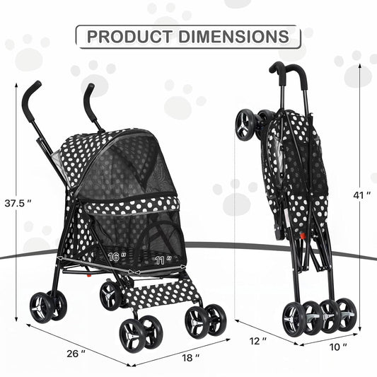 MoNiBloom 4 Wheels Pet Stroller, Easy-Fold Umbrella Shaped Dog Cat Jogger Stroller w/Storage Bag & Visible Mesh for Small/Medium Dogs Cats Black Polka Dots
