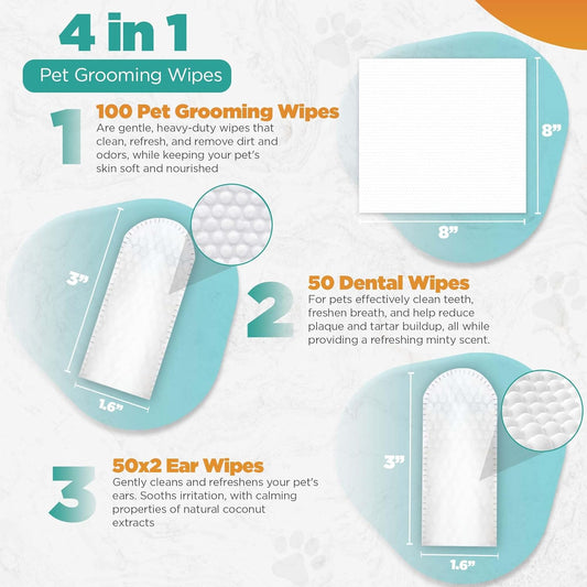 100 Pet Wipes (8x8'' Unscented) - 100 Ear Wipes (Coconut) - 50 Dental Wipes (Mint Infused) for Dogs & Cats, 250 Wipes, Alcohol-Free, Safe & Gentle- Great Value Bundle, Pet Care