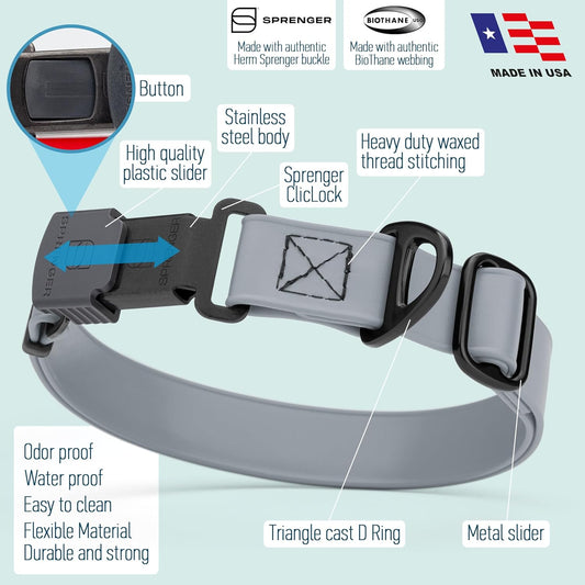 Dogline Biothane Waterproof Dog Collar with Herm Sprenger Black Stainless Steel Quick Release Buckle β Heavy Duty Tactical Durable Collar for Dogs β Comfortable and Safe Pet Collar W3/4" L12-19 Gray