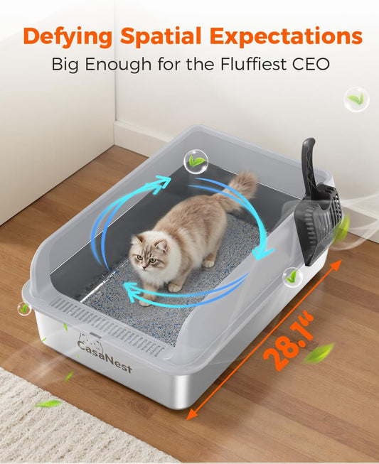 XXXL Stainless Steel Cat Litter Box 28.1''Ă20.5'' Ă 10.1â Extra Large Metal Cat Litter Box for Big, Multi Cats, Anti-Leakage & Non-Stick Metal Pan, Easy to Clean, Durable (Light Grey