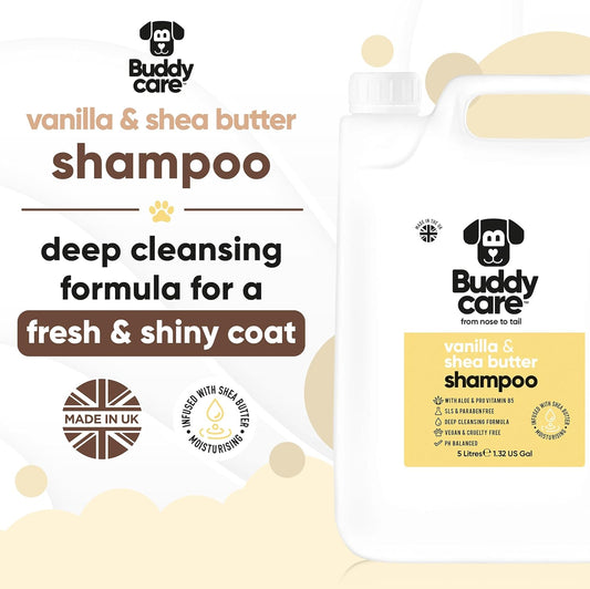 Vanilla & Shea Butter Dog Shampoo by Buddycare | Moisturising Shampoo for Dogs | Vanilla & Shea Butter Scented | with Aloe Vera and Pro Vitamin B5 (169.07oz)