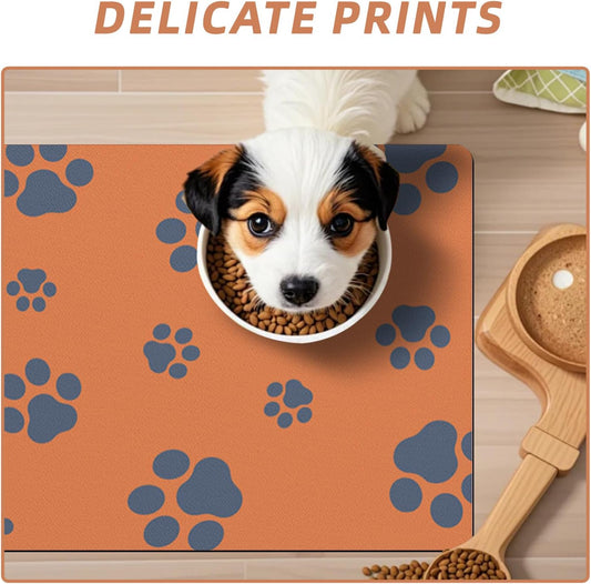 18"Γ30" Dog Food Mat-Absorbent Dog Mat for Food and Water, No Stains Quick Dry Cat Dog Food Bowl Mat Non Skid Dog Feeding Mat with Footprints for Messy Drinkers Orange