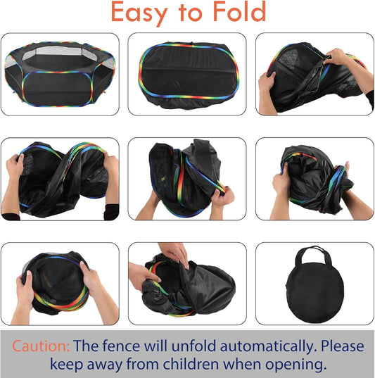 Pawaboo Small Animals Playpen, Waterproof Small Pet Cage Tent with Zippered Cover, Portable Outdoor Yard Fence with 3 Metal Rod for Chick/Kitten/Puppy/Guinea Pig/Rabbits/Hamster, Black + Rainbow