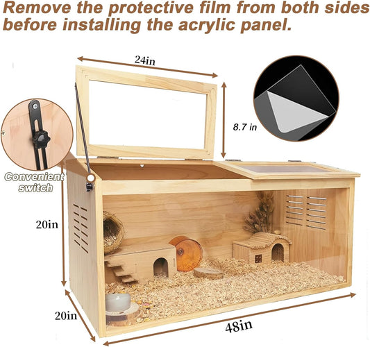 Wooden Hamster Cage,48" Lx20 Wx20 H,Animal Cabinet for Dwarf Syrian Hamsters Degus, Hamster Habitat with Openable Top and Large Acrylic Sheets.