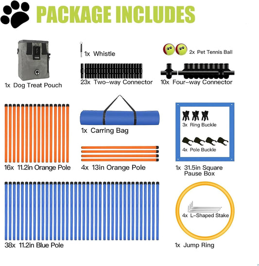 Dog Agility Equipment Set, Obstacle Courses Training Starter Kit Includes Adjustable High Jump Hurdle, Hoop, Weave Poles, Pause Box, Treat Pouch with Easy Carry Bag