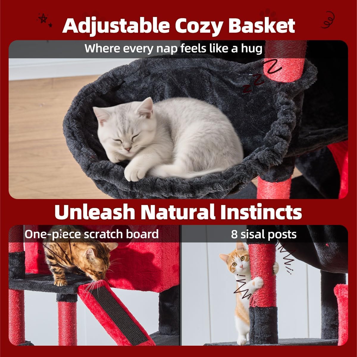 Taoqimiao Gothic Cat Tree 71-Inch, Cat Tower for Indoor Cats Large Adult, Large Cat Condo, 8 Sisal Scratching Posts, Metal Frame Cozy Hammock, Scratch Board, 2 Perches, Black and Red MS026LBR