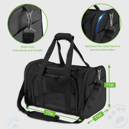 Roaringkitty Travel in Style: Portable Pet Carrier for Small Pets up to 15 Lbs- Airline Approved, Collapsible & Comfortable cat/Puppy Soft Sided Bag (Black)
