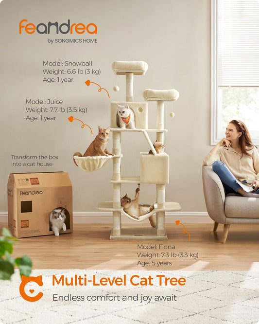Feandrea Cat Tree, 66.1-Inch Large Cat Tower with 13 Scratching Posts, 2 Perches, 2 Caves, Basket, Hammock, Pompoms, Multi-Level Plush Cat Condo for Indoor Cats, Beige UPCT165M01