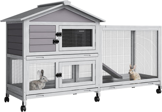 Rabbit Hutch 2-Tier, Small Wooden Chicken Coop with Wheels for Outdoor Use - Weatherproof Small Animal Hutch with Non-Slip Ramp, 4 Access Doors & Removable Tray for Rabbits, Guinea Pigs, Ferrets