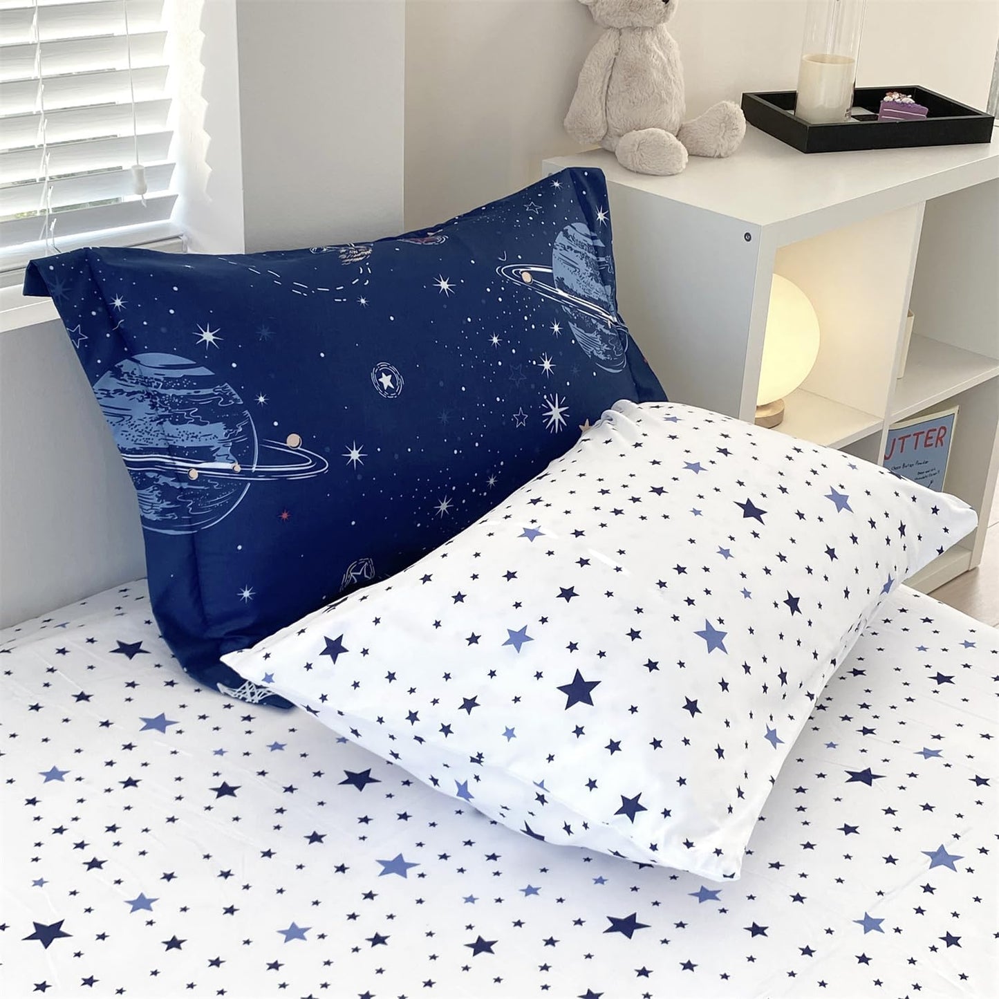 7 Piece Boys Space Comforter Set Full Size Bed in A Bag Star Rocket Galaxy Universe Planets Bedding Set for Kids Teens Girls Microfiber Blue Quilt All Season
