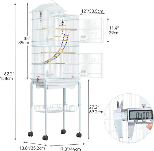 YITAHOME 62 inch Metal Bird Cage, Large Parakeet Cages for Parrot, Cockatiel, Lovebird, Pigeon with Roof Top, Rolling Stand and Hanging Accessories, White