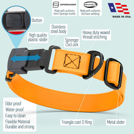 Dogline Biothane Waterproof Dog Collar with Herm Sprenger Stainless Steel Quick Release Buckle β Heavy Duty Tactical Durable Collar for Dogs β Comfortable and Safe Pet Collar, W 1" L 15-25", Tangerine