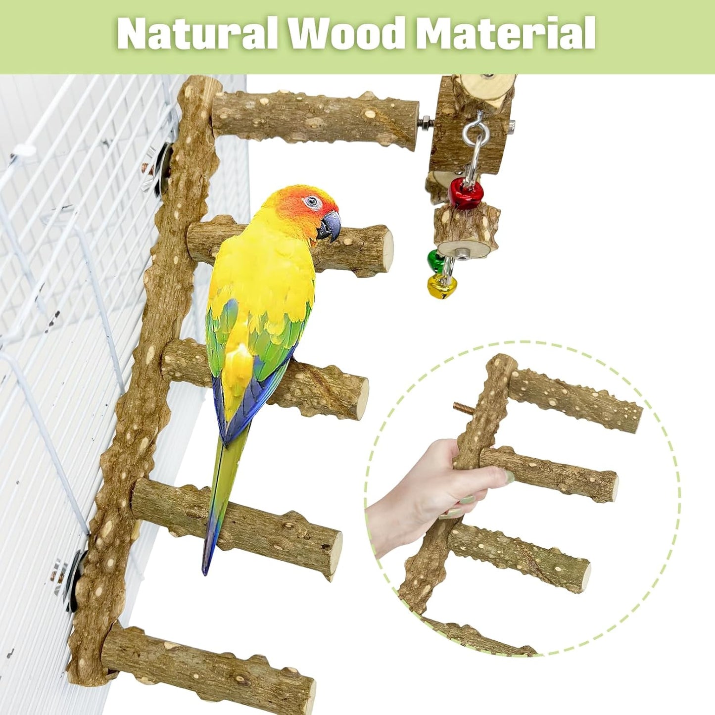 BNOSDM Natural Wood Bird Ladder Perch with Rotating Bell Toys-Exercise Stands for Parrot Climbing Chewing Parakeet Bridge Cage Accessories for Cockatiel, Conures, Lovebirds, Budgie