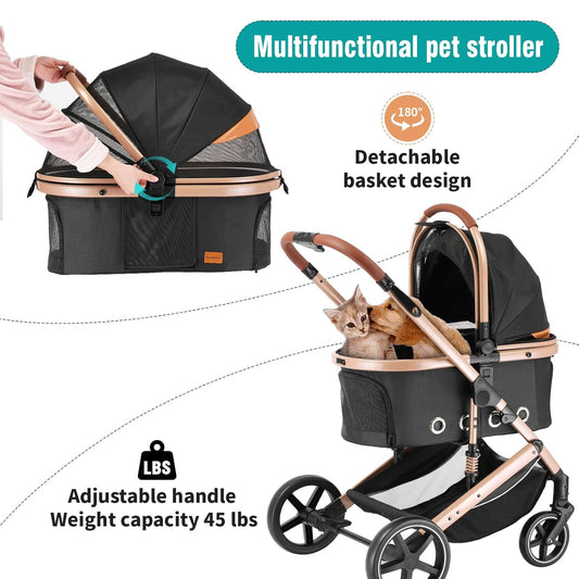 EchoSmile 4 in 1 Pet Stroller, Folding Lightweight Cat & Dog Stroller with Detachable Carrier, NO-Zip 180Β° Reversible Canopy, All Terrain 4-Wheel,45 lbs Capacity for Small to Medium Dogs