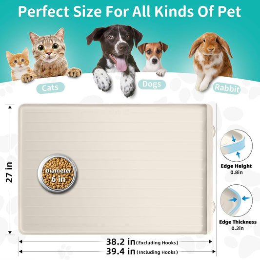 Dog Mat for Food and Water - 39.4" x 27" Large Pet Feeding Mats with Residue Collection Pocket - Waterproof Dog Cat Bowl Mat with High Edges to Prevent Water and Food Spills (Cream)
