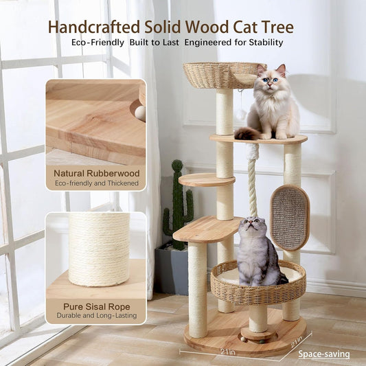 Wooden Cat Tree for Large Cat, 49.6-Inch Tall Cat Tower with Scratching Post for Indoor Cats, Multi-Level Cat Condo with Hand-Woven Cat Bed and Scratching Board Easy to Clean