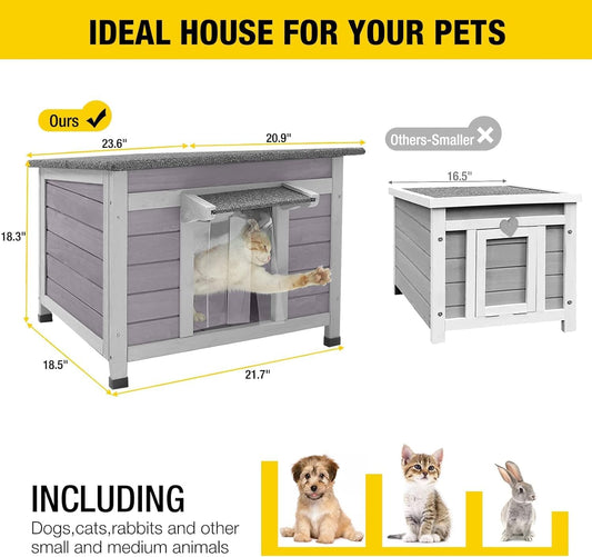 Aivituvin Cat House Waterproof Feral Kitty Shelter Outdoor Indoor Rabbit Hutch for Bunnies,Cats,Dogs and Other Small Animals,Asphalt Roof