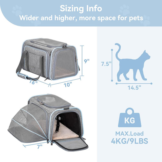 Petsfit Small Cat Carrier Soft Airline Approved Expandable Carrier for Kitten Puppy Bunny, 16"X10"X9β
