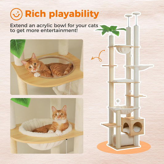 PEQULTI Floor to Ceiling Cat Tree 93.3ββ-100.8ββ Height Adjustable Wooden Cat Tower Tall Climbing Play House with Scratching Posts, Cozy Condo, Perches and Large Hammock for Indoor Cats Beige