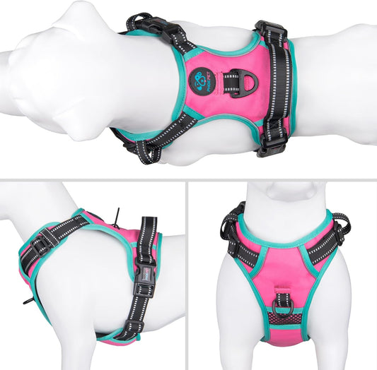 PHOEPET 2019 Upgraded No Pull Dog Harness, Reflective Adjustable Vest, with a Training Handle + 2 Metal Leash Hooks+ 3 Snap Buckles +4 Slide Buckles(L, Pink)