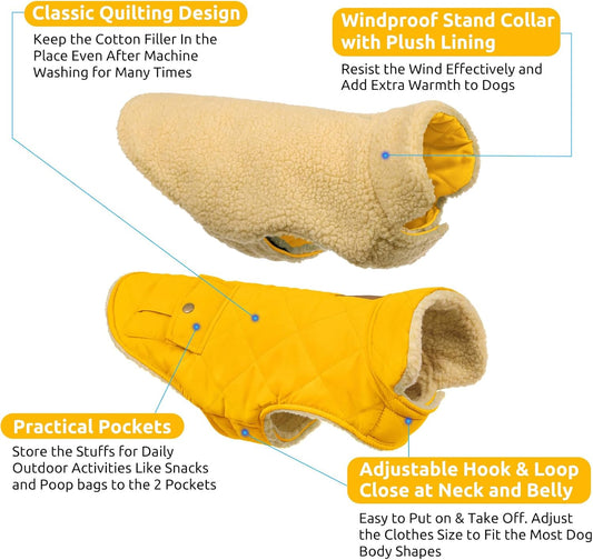 Queenmore Dog Winter Coat Warm Puffer Jacket Waterproof Plush Lining Thermal Cold Weather Vest for Small Medium Large Dogs, Windproof Easy On Pet Jacket Yellow S