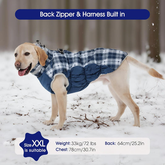 FUAMEY Dog Coat for Large Dogs,Waterproof Dog Winter Jacket with Harness Built in Puppy Cold Weather Coats Reflective Pet Vest with Zipper Warm Fleece Dogs Snowsuit Windproof Blue Plaid XL