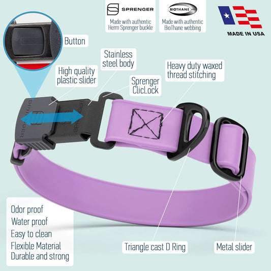 Dogline Biothane Waterproof Dog Collar with Herm Sprenger Stainless Steel Quick Release Buckle β Heavy Duty Tactical Durable Collar for Dogs β Comfortable and Safe Pet Collar W 3/4" L 12-19" Amethyst