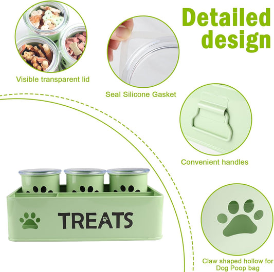 28oz Metal Dog Treat Container Set of 3,Dog Treat Jars with Airtight Lids,Cat Treat Jar,Dog Treat Canister for Countertop,Coated Galvanized Steel Dog Treats Station-Green