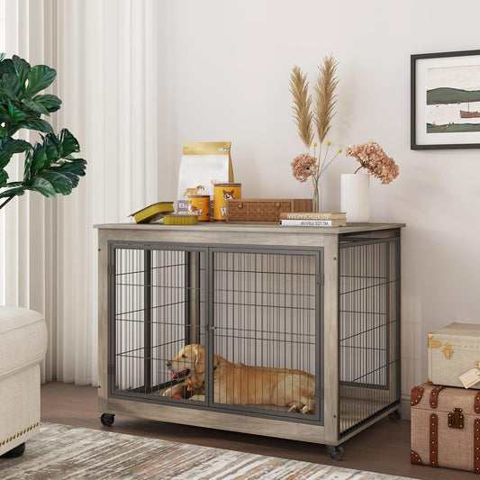 IchbinGo Dog Crate Furniture, Wooden Dog Crate Table, 43.7" Dog Kennel with 3 Doors, Flip-up Top Opening and Wheels, Decorative Pet Crate House for Large/Medium/Small Dog Indoor Use(Rustic Grey)