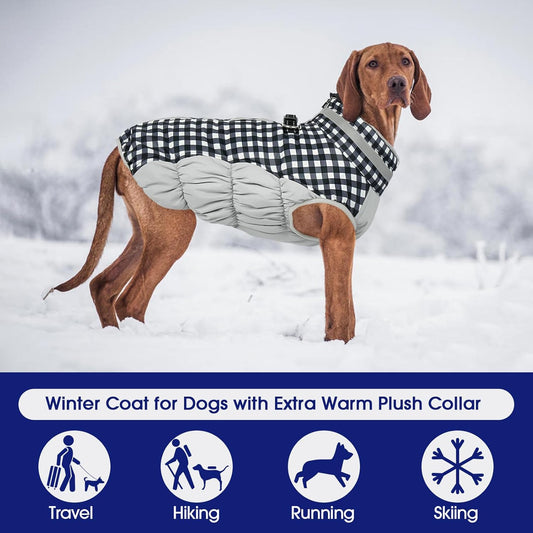 FUAMEY Dog Coat for Large Dogs,Waterproof Dog Winter Jacket with Harness Built in Puppy Cold Weather Coats Reflective Pet Vest with Zipper Warm Fleece Dogs Snowsuit Windproof Checkerboard L