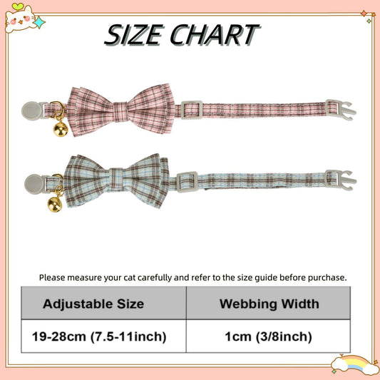 2 Pack Soft Cotton Cat Collars with Bowtie and Bell Breakaway Plaid Cat Kitten Collar(Pink and Jade Green)