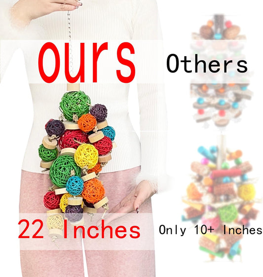 LUCKITTY 22" Bird Toys for Large Parrots - Natural Wood, Rattan Ball & Corn Cob Chewing Toys with Edible Colors | Safe for Macaw, Cockatoo, Conures | Cage Hanging Enrichment Accessories