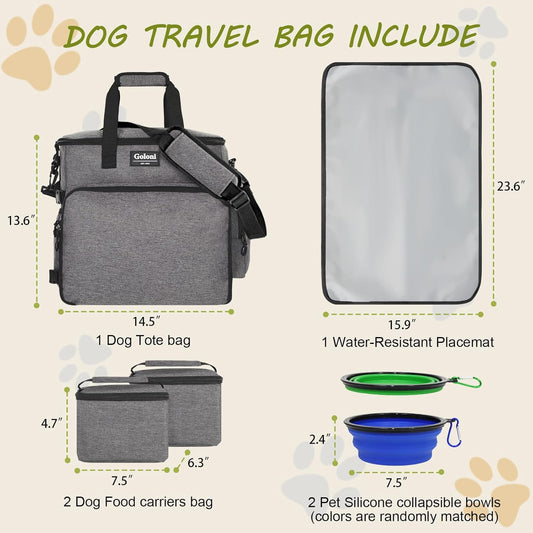 Dog Travel Bag Airline ApprovedāPet Travel Tote with Collapsible Bowls,Food Containers & Feeding MatāMulti-Pocket Organizer for Dogs & Cats, Durable & Water-Resistant for Hiking,Trips,Outdoors
