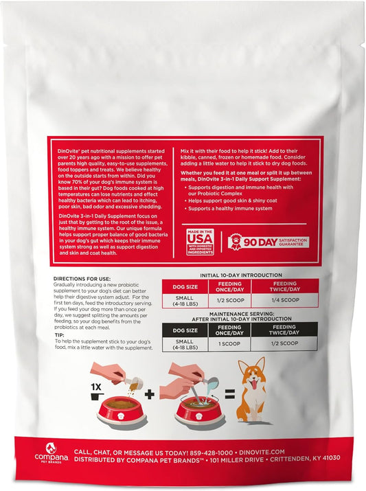 Dinovite Dog Probiotics for Yeast, Itchy Skin and Itchy Ears - Daily Skin & Coat, Digestive, and Immune Support for Small Dogs 1-18lbs β 90-Day Supply, Omega 3 Fatty Acids, Essential Pre & Probiotics