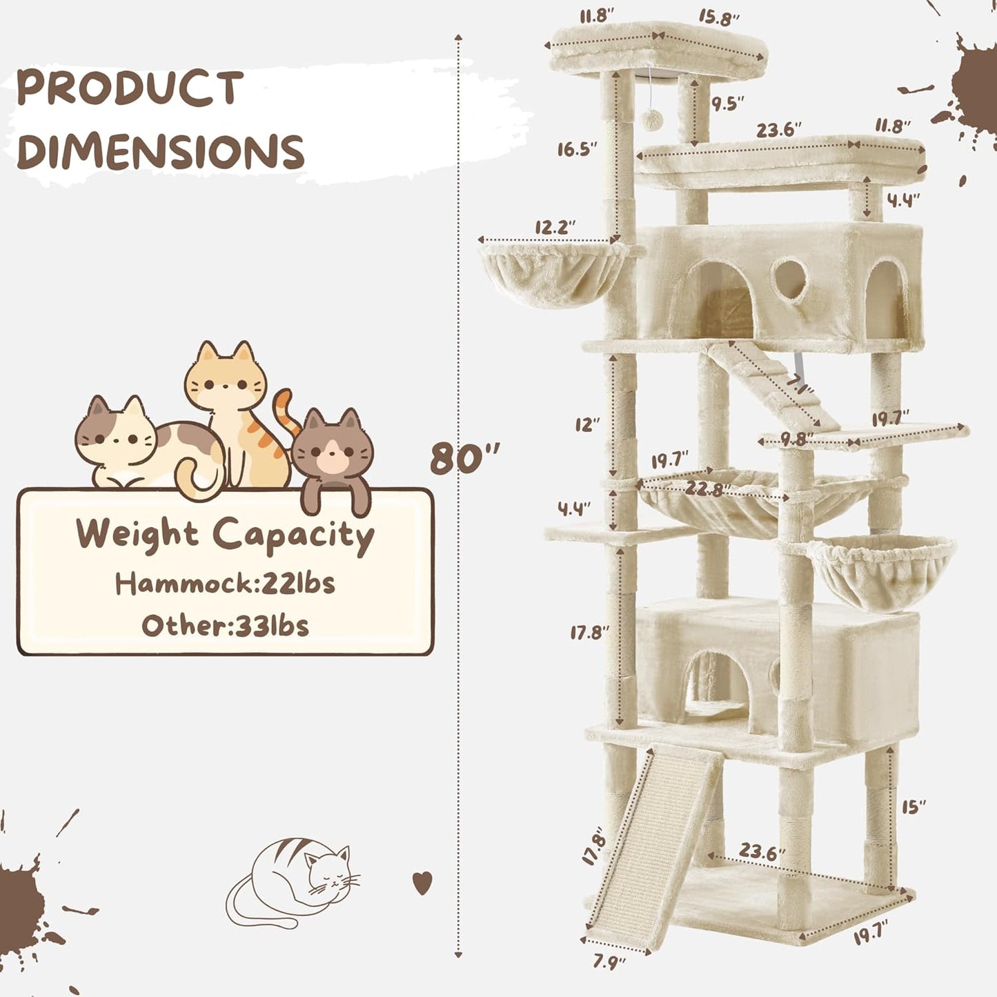 Cat Tree, 80-Inch Large Cat Tower with 9 Scratching Posts, 2 Perches, 2 Caves, 2 Basket, 2 Stairs, Extra Large Hammock, Pompoms, Multi-Level Plush Cat Condo for Indoor Cats/Beige