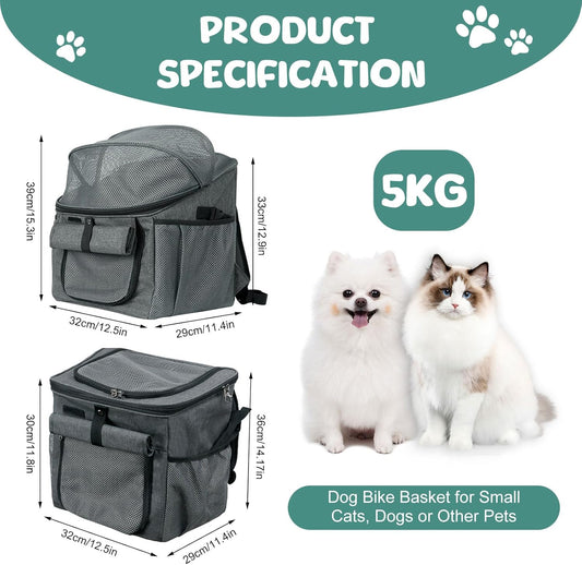 Qivine Dog Bike Basket, Oxford Cloth Dog Basket for Bike with Adjustable Mesh Windows, 11 Lbs Portable Dog Carrier for Bike with Widen Shoulderpad, Bicycle Basket Bag for Dogs and Cats