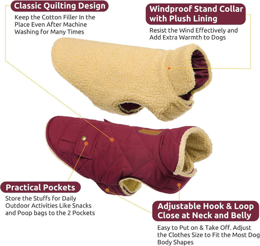 Queenmore Dog Winter Coat Warm Puffer Jacket Waterproof Plush Lining Thermal Cold Weather Vest for Small Medium Large Dogs, Windproof Easy On Pet Jacket Burgundy M