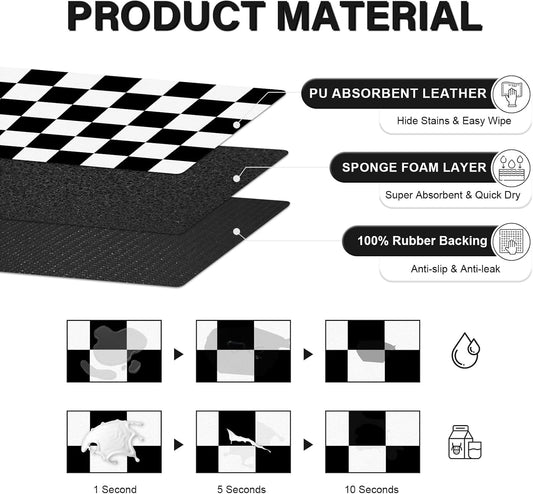 Cat Food Mat - 12"x 20" Cat Dog Mats for Food and Water Bowl, Checkered Pet Placemat Feeding Mat, Non-Slip Under Pet Bowls Mats for Messy Drinkers, Black & White