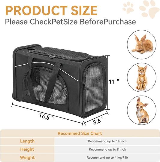 Petsfit Airline Approved Pet Carrier for Small Cats, 16.5x8.6x11 TSA Approved Carrier, with Removable Dual-Sided Padding (2-Way Placement) - Fits Under Most Airplane Seats, Escape Proof (Black)