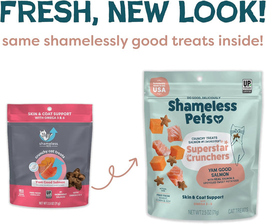 Shameless Pets Crunchy Cat Treats - Kitty Treats for Cats with Skin & Coat Support, Natural Ingredients Kitten Treats with Real Salmon, Healthy Flavored Feline Snacks - Yam Good Salmon, 1-Pk