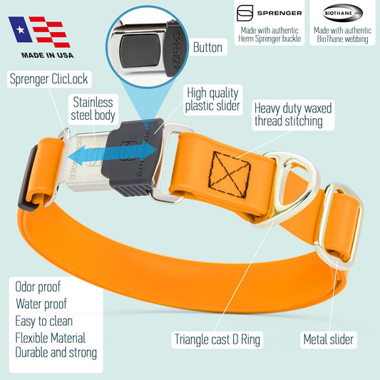 Dogline Biothane Waterproof Dog Collar with Herm Sprenger Stainless Steel Quick Release Buckle β Heavy Duty Tactical Durable Collar for Dogs β Comfortable and Safe Pet Collar W 3/4" L 12-19" Tangerine