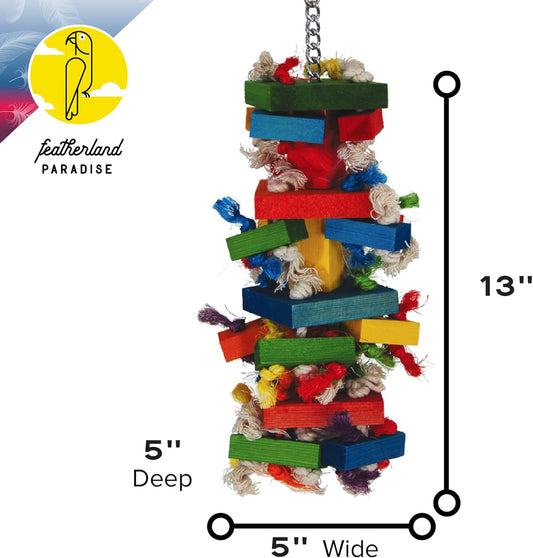 Featherland Paradise Bird Toy for Medium to Large Birds - Knots N Blocks - Parrot Toys for Parakeets, Sun Conures, Caiques, Medium Birds