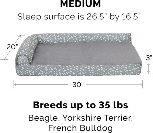 FurHaven Supportive Cooling Memory Foam L Chaise Dog Bed with Washable & Removable Cover - Plush & Almond Print - Gray Almonds, Dogs Up to 35 lbs - Medium