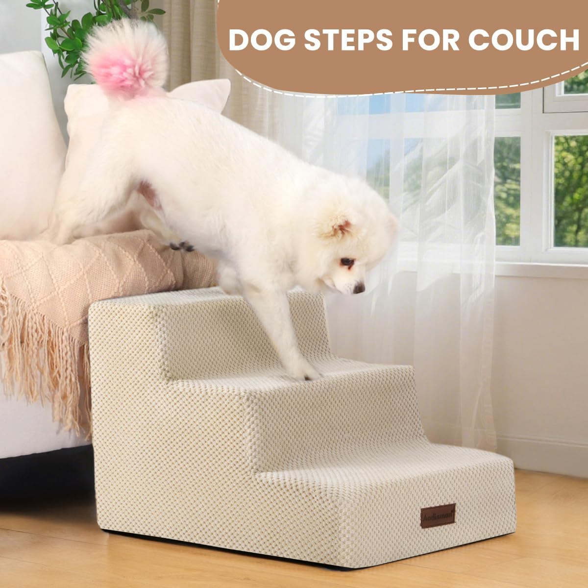 Dog Stairs for Small Dogs & Cats, 3-Step Non-Slip Pet Steps for Couch Sofa and Chair, Beige, 13.6" H
