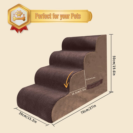 PAWSCART Dog Stairs for Small Dogs and Cats, 4-Step Dog Steps for Bed, 19.6" H Pet Stairs for High Bed, Pet Ramp for Couch, Sofa, Non-Slip Surface Removable Washable Cover, Brown