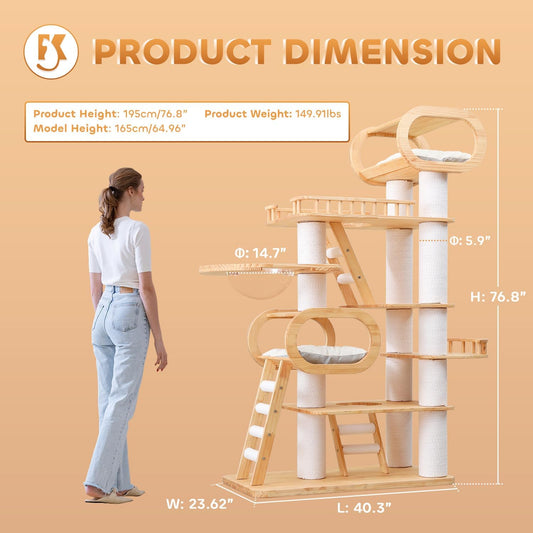 76.8'' Modern Cat Tree for Indoor Cats, Tall Wooden Cat Tower for Home Decoration, Multi-Level Tower with Transparent Cat Bed, Huge Cat Condo for Multi-Cat Families